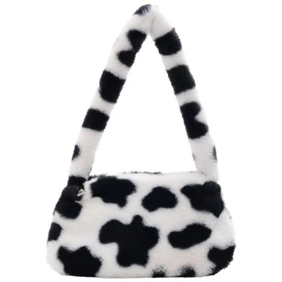 Cow Pattern Furry Underarm Bag Mini Plush Shoulder Handbags Purse Cow Fuzzy Bag - Picture 2 of 6